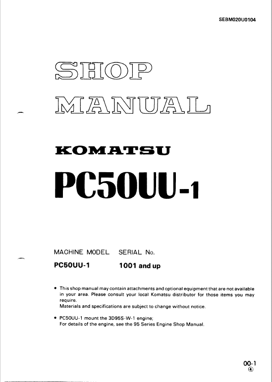 Komatsu PC50UU-1 Excavator Repair Service Manual