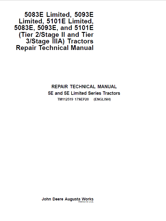 John Deere 5083E, 5093E, 5101E Tractors Repair Service Manual