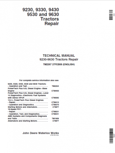 John Deere 9230, 9330, 9430, 9530, 9630 Tractors Repair Technical Manual