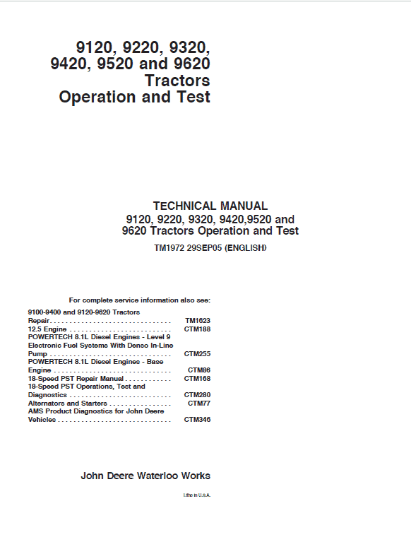 John Deere 9420, 9520, 9620 Tractors Repair Service Manual