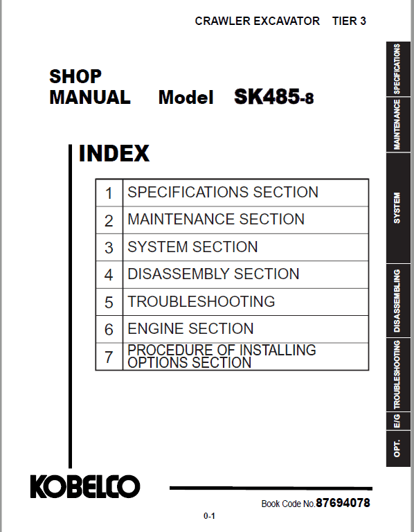 Kobelco SK485-8 Tier 3 Crawler Excavator Repair Service Manual