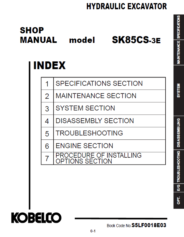 Kobelco SK85CS-3E Hydraulic Excavator Repair Service Manual