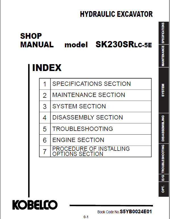 Kobelco SK230SRLC-5E Hydraulic Excavator Repair Service Manual