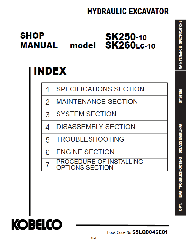 Kobelco SK250-10, SK260LC-10 Hydraulic Excavator Repair Service Manual
