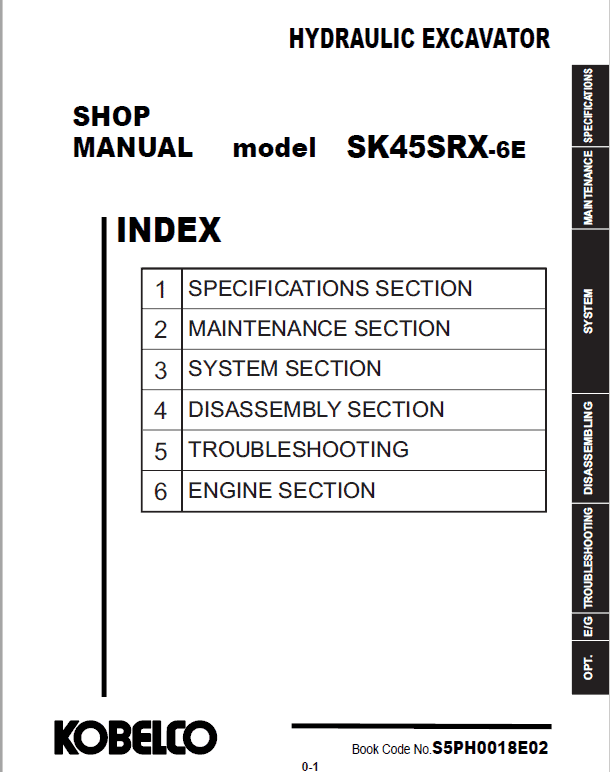 Kobelco SK45SRX-6 Mini Excavator Repair Service Manual