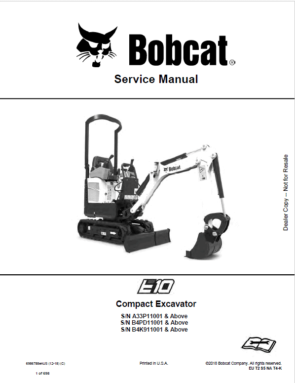 Bobcat E10 Excavator Repair Service Manual