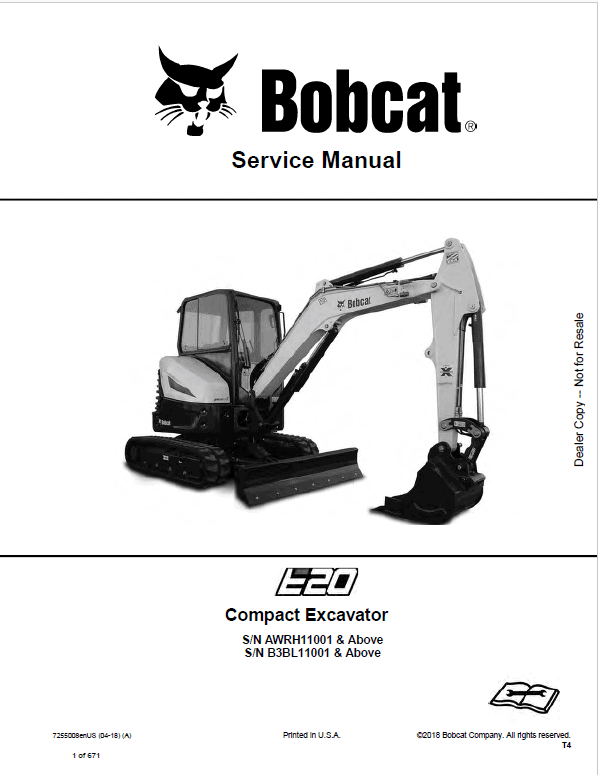 Bobcat E20 Excavator Repair Service Manual