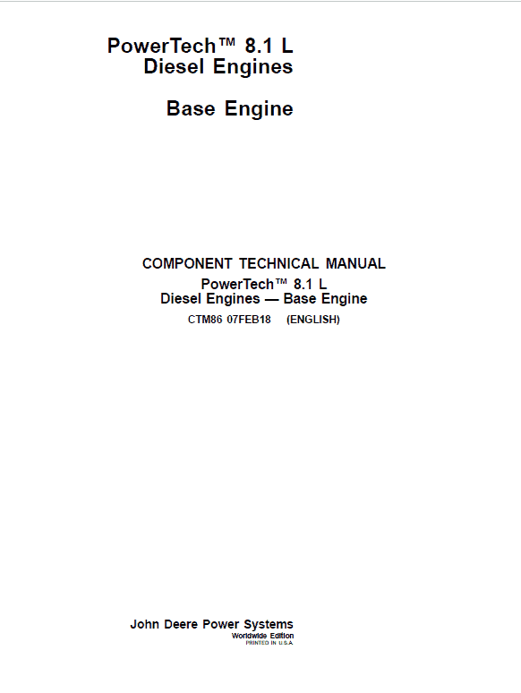 John Deere PowerTech 8.1L Diesel Engines Technical Manual (CTM86)