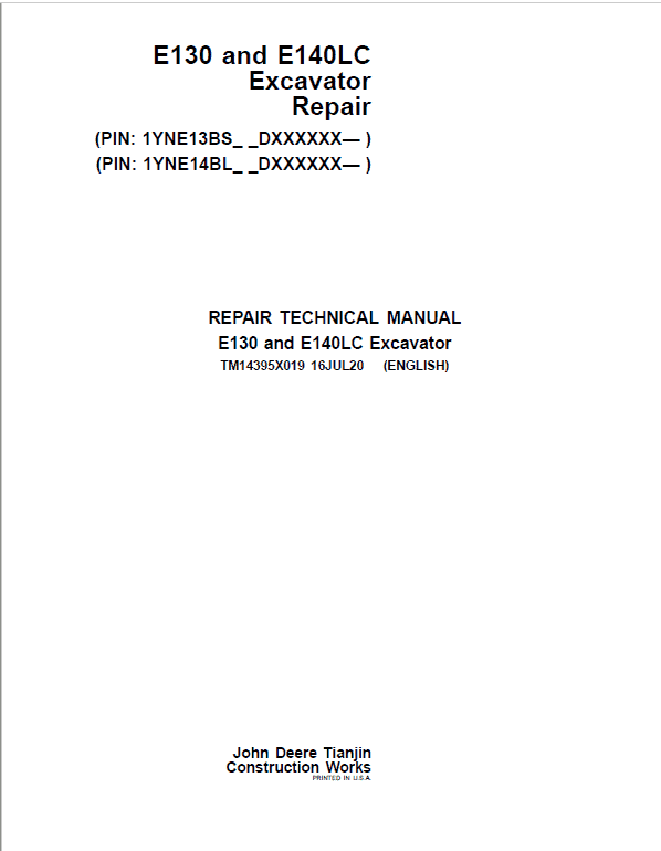 John Deere E130, E140LC Excavator Repair Service Manual (SN. after DXXXXXX – )