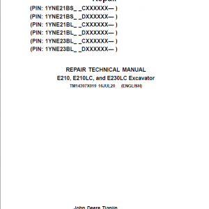 John Deere E210, E210LC, E230LC Excavator Repair Manual (See Applicable Serial)