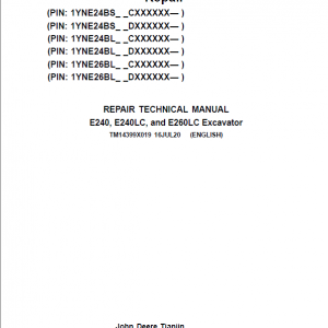 John Deere E240, E240LC, E260LC Excavator Repair Manual (See Applicable Serial)