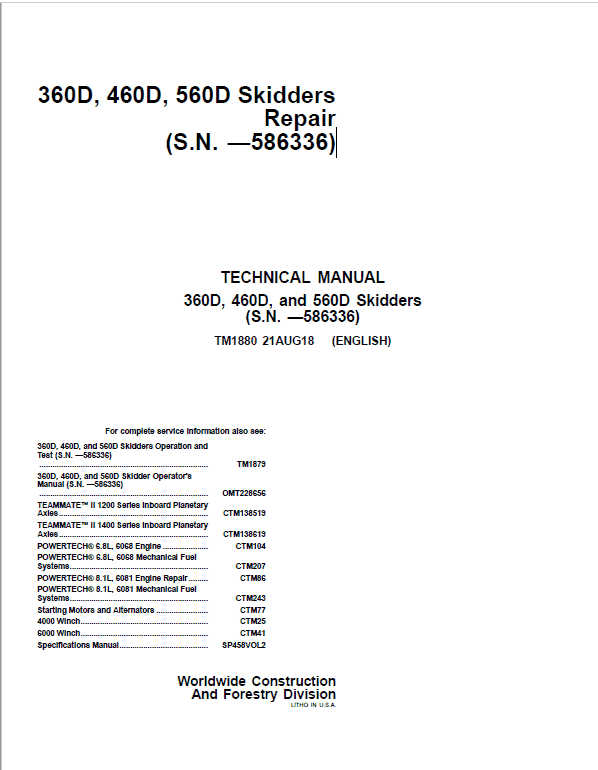 John Deere 360D, 460D, 560D Skidders Repair Manual (S.N.  before 586336)