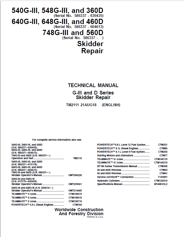 John Deere 540G-III, 548G-III, 360D Skidder Repair Manual (S.N. 586337 – 630435)