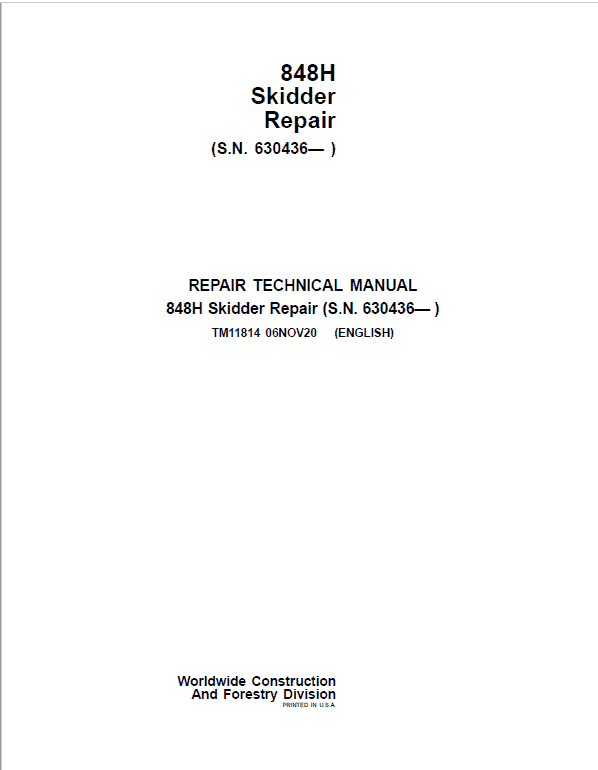 John Deere 848H Skidder Repair Service Manual (S.N after 630436 - )