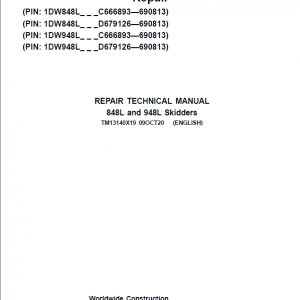 John Deere 848L, 948L Skidder Repair Manual (C666893 - C690813 & D679126 - D690813)