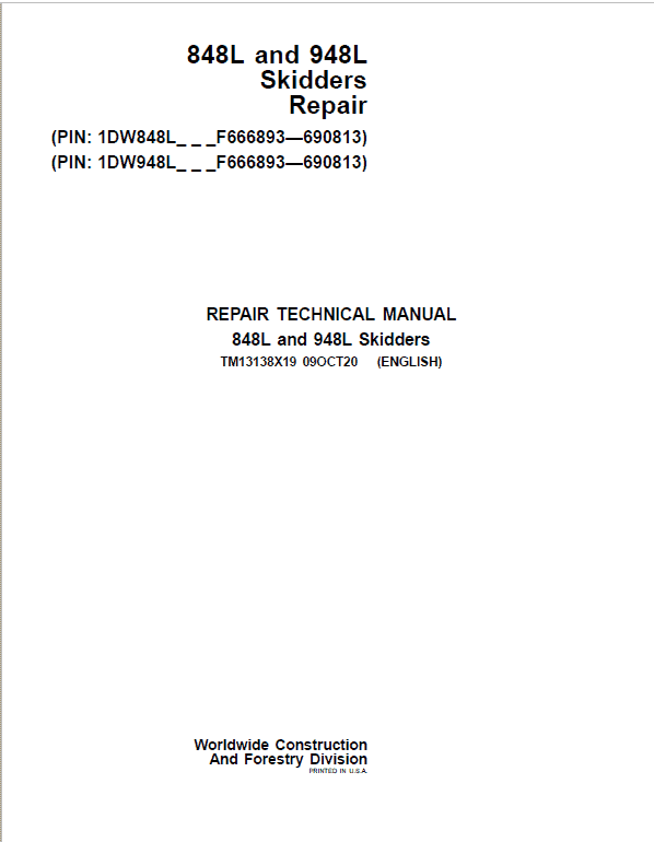 John Deere 848L, 948L Skidder Repair Service Manual (S.N F666893 - F690813)