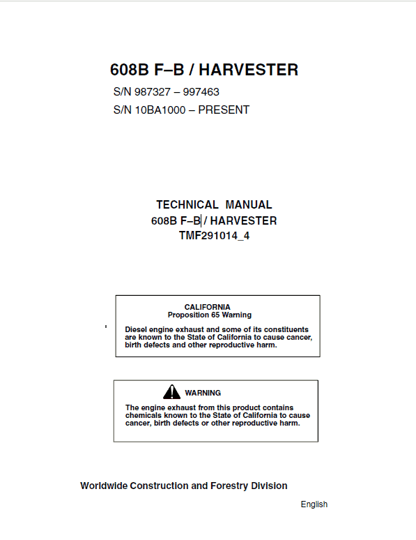 John Deere 608B Tracked Feller Bunchers Harvester Repair Manual