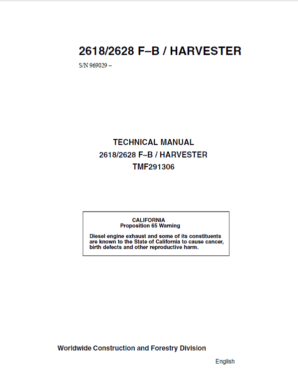 John Deere 2618, 2628 Tracked Feller Bunchers Harvester Repair Manual