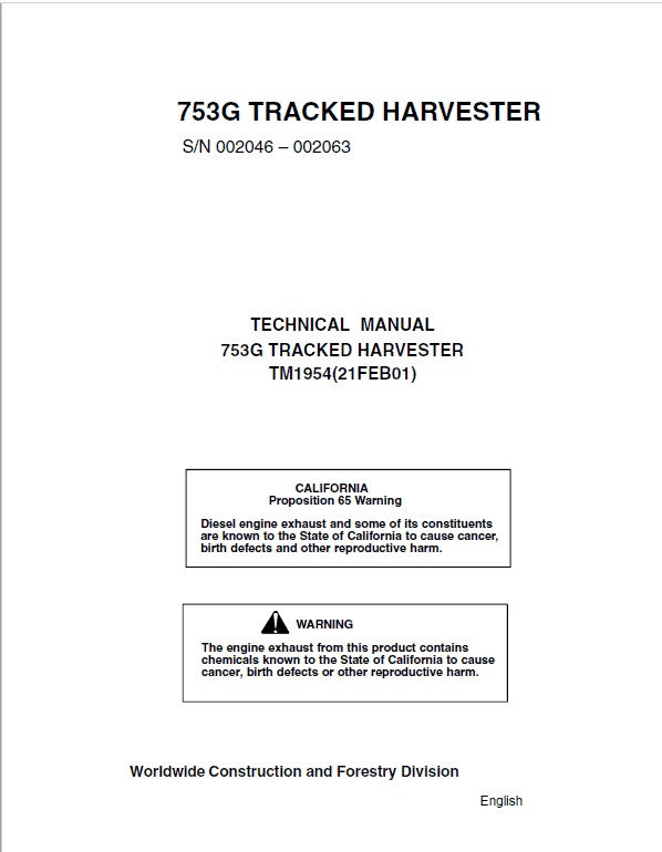 John Deere 753G Tracked Harvester Repair Service Manual (S.N 002046 – 002063)