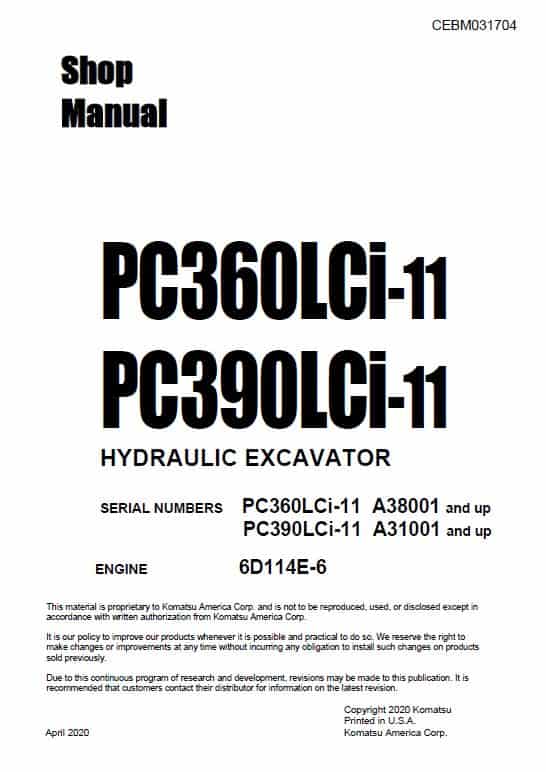Komatsu PC360LCi-11, PC390LCi-11 Excavator Repair Service Manual