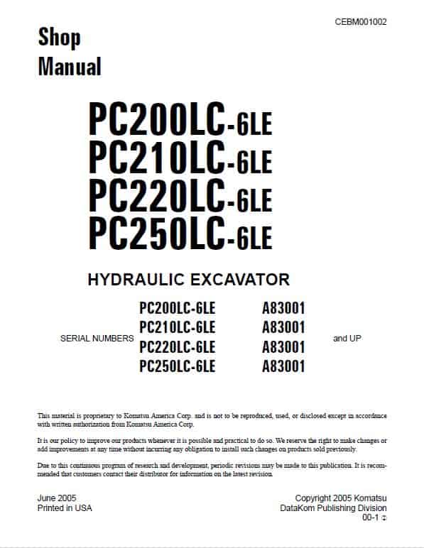 Komatsu PC200LC-6LE, PC210LC-6LE, PC220LC-6LE, PC250LC-6LE Excavator Repair Manual