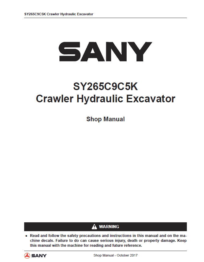 Sany SY265C-9 Hydraulic Excavator Repair Service Manual
