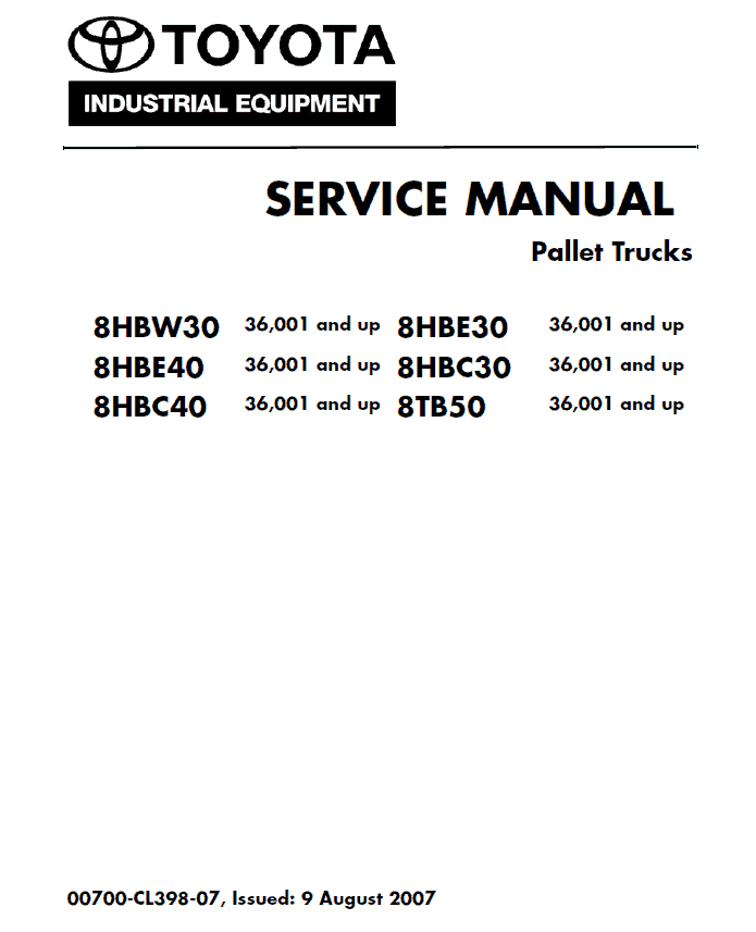 Toyota 8HBW30, 8HBE30, 8HBC30, 8HBE40, 8HBC40, 8TB50 Forklift Repair Manual