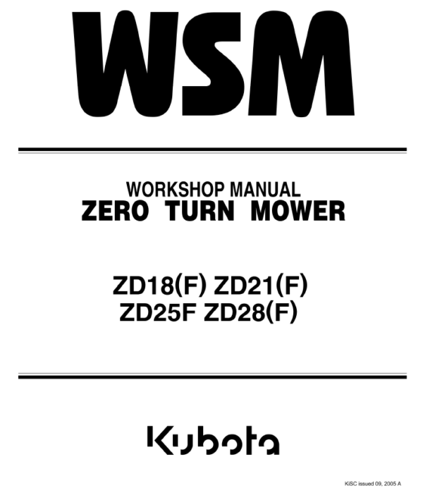 Kubota ZD18F, ZD21F, ZD25F, ZD28F Mower Workshop Service Manual
