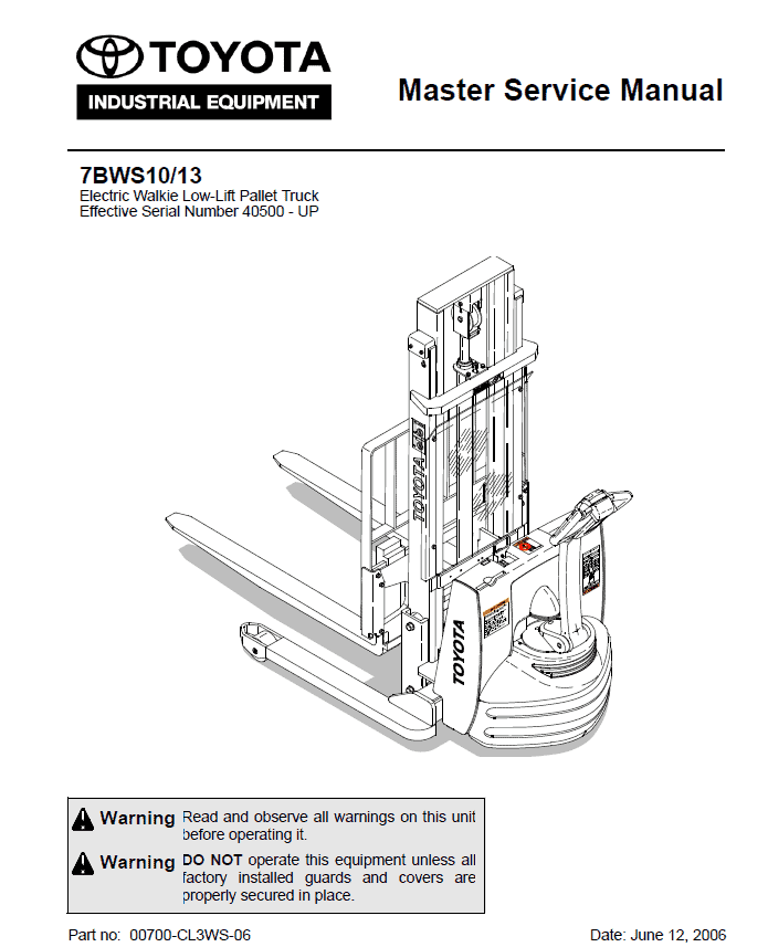 Toyota 7BWS10, 7BWS13 Lift Pallet Truck Service Repair Manual