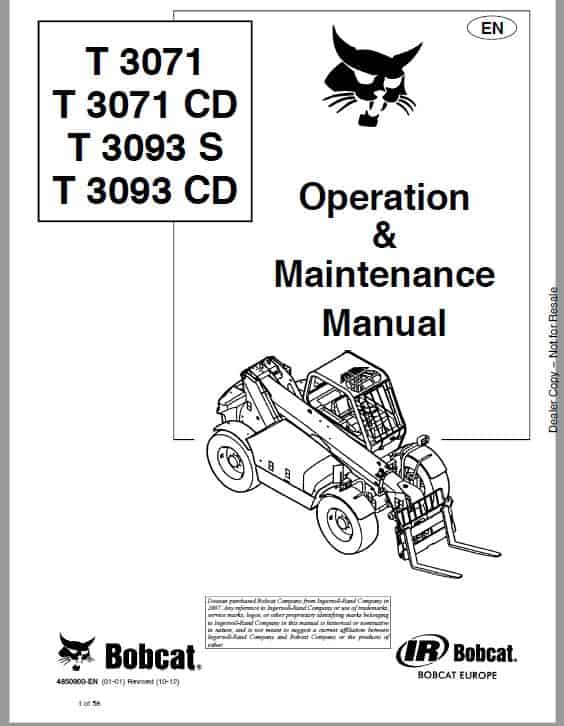 Bobcat T3071, T3071CD, T3093S, T3093CD versaHANDLER Telescopic Operation Manual