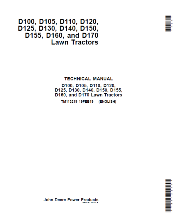 John Deere D100, D105, D110, D120, D125, D130, D140, D150, D155, D160, D170 Lawn Tractor Repair Manual