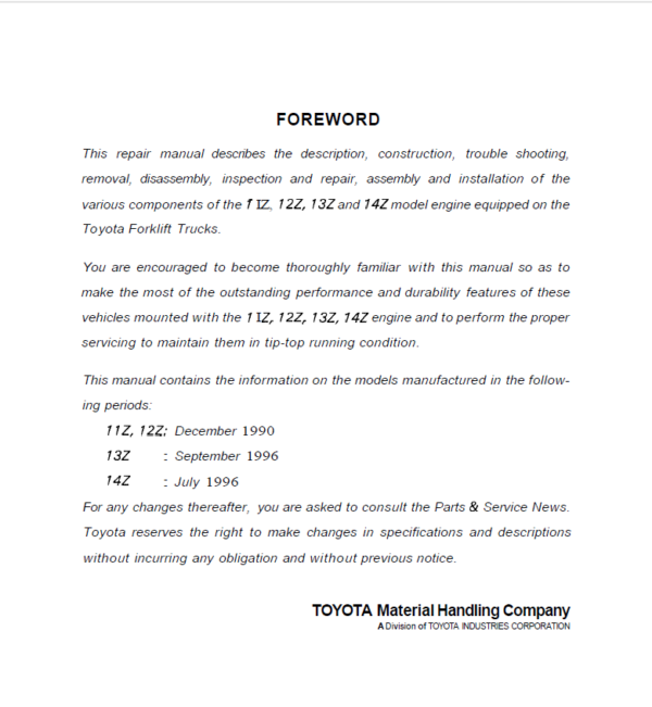 Toyota 11Z, 12Z, 13Z, 14Z Engine Service Repair Manual