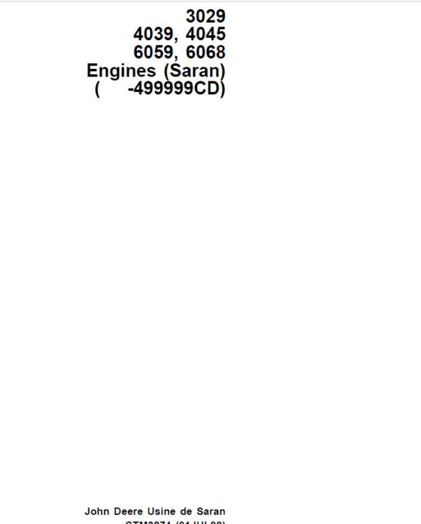 John Deere 3029, 4039, 4045, 6059, 6068 Engines Saran Repair Manual ( SN before - 499999CD)