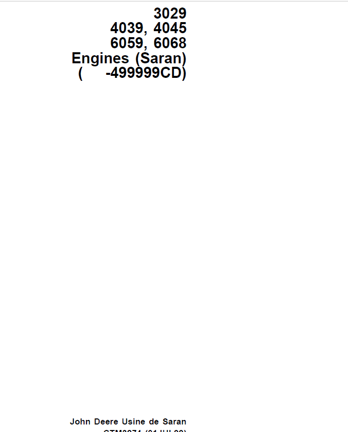 John Deere 3029, 4039, 4045, 6059, 6068 Engines Saran Repair Manual ( SN before – 499999CD)