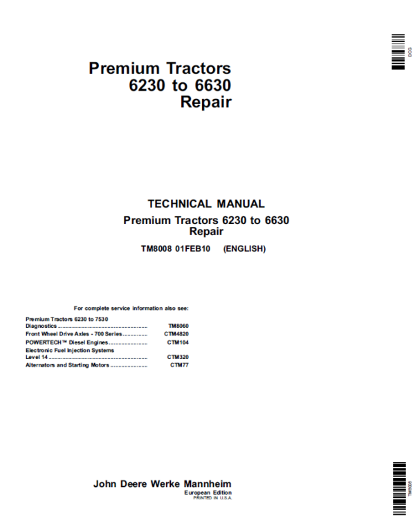 John Deere 6230, 6330, 6430, 6530, 6630 Premium Tractors (EU) Service Repair Manual