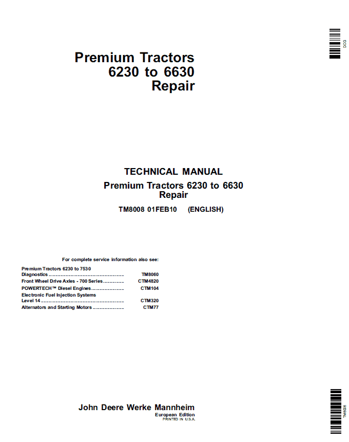 John Deere 6230, 6330, 6430, 6530, 6630 Premium Tractors (EU) Service Repair Manual
