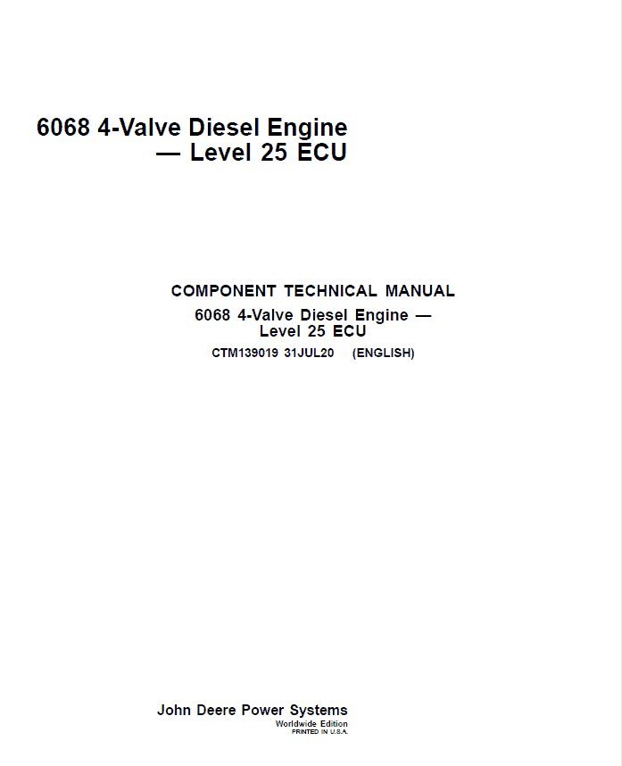 John Deere 6068 4-Valve Diesel Engine – Level 25 ECU Repair Manual (CTM139019)