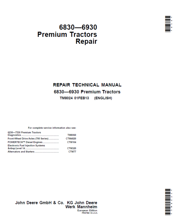 John Deere 6830, 6930 Premium Tractors (EU) Service Repair Manual