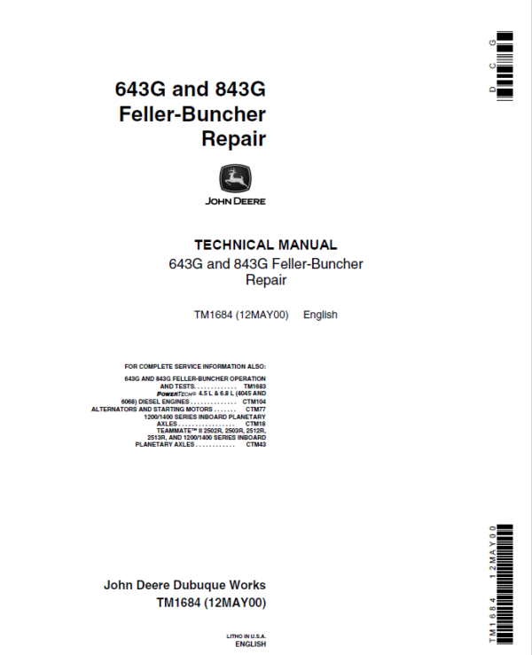 John Deere 643E, 843E Feller Buncher Service Repair Manual (TM1683 & TM1684)