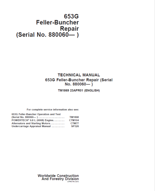 John Deere 653G Feller Buncher Service Repair Manual (SN after 880060 - )