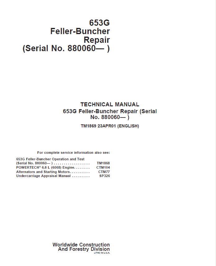 John Deere 653G Feller Buncher Service Repair Manual (SN after 880060 – )