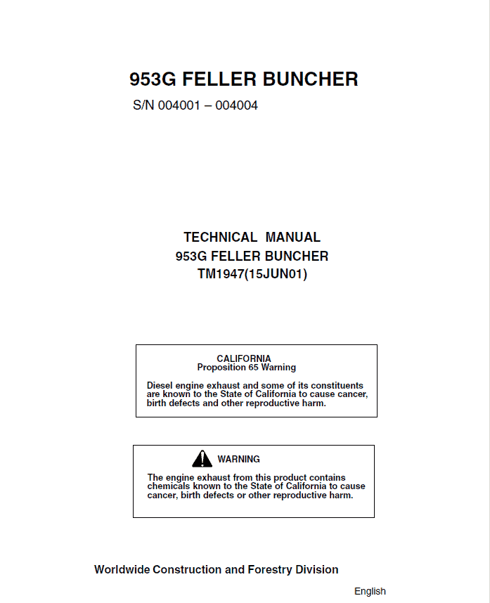 John Deere 953G Feller Buncher Service Repair Manual (SN 004001 – 004004)