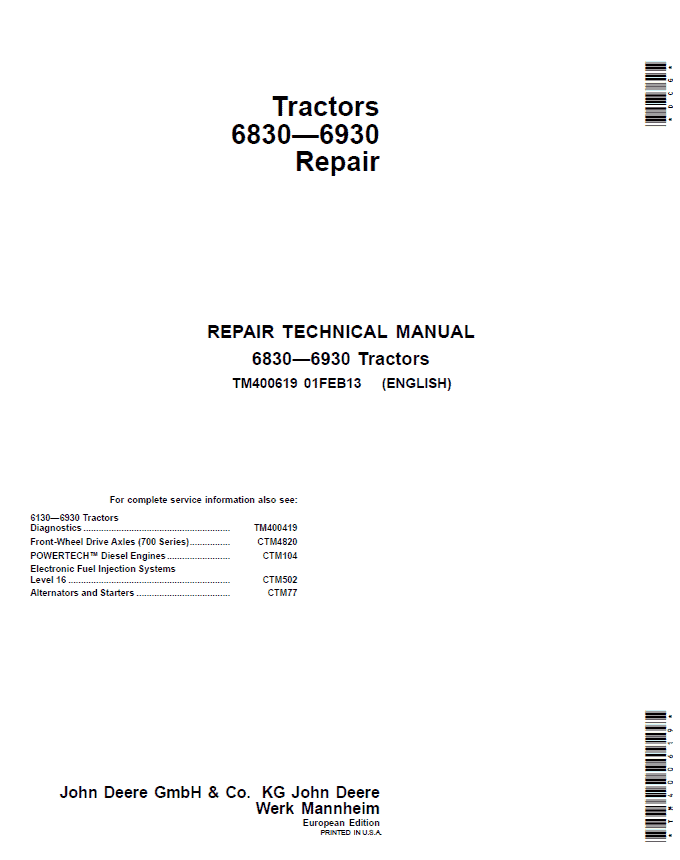 John Deere 6830, 6930 Tractors (EU) Service Repair Manual