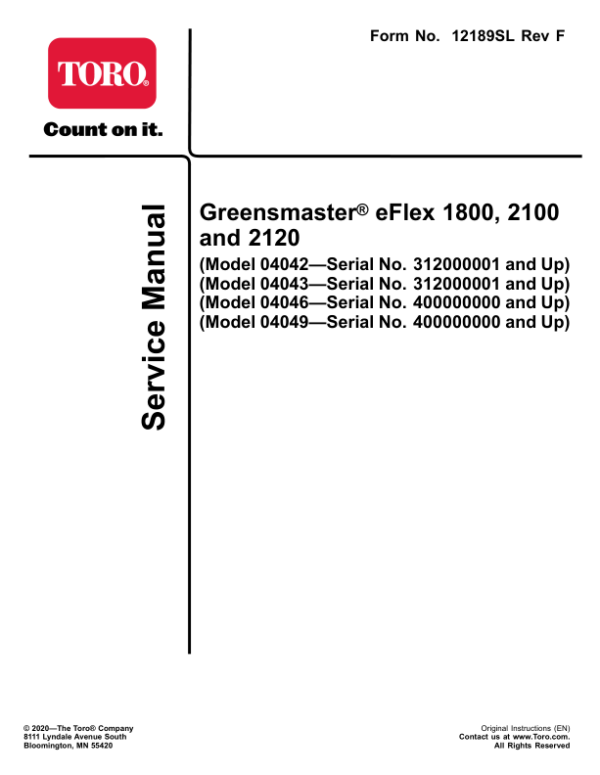 Toro Greensmaster eFlex 1800, 2100, 2120 (Model 04042, 04043, 04046) Service Repair Manual
