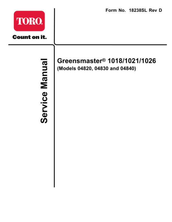 Toro Greensmaster 1018, 1021, 1026 Service Repair Manual