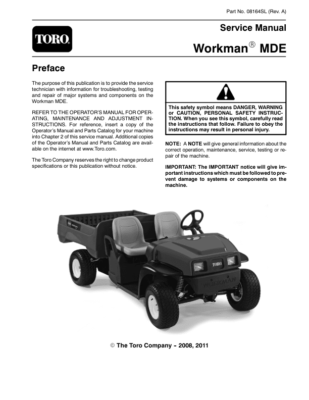Toro Workman MDE Electric Vehicle Service Repair Manual