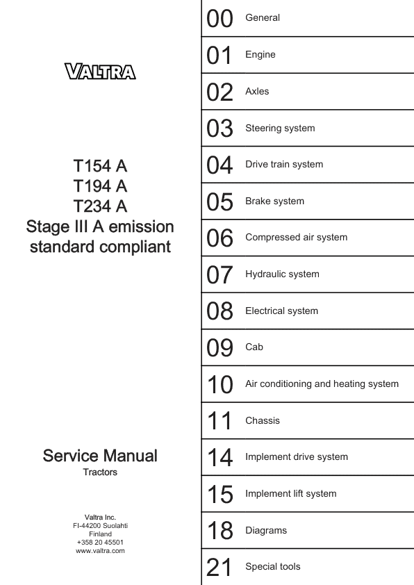 Valtra T154 A, T194 A, T234 A Tractors (Stage III A) Service Repair Manual