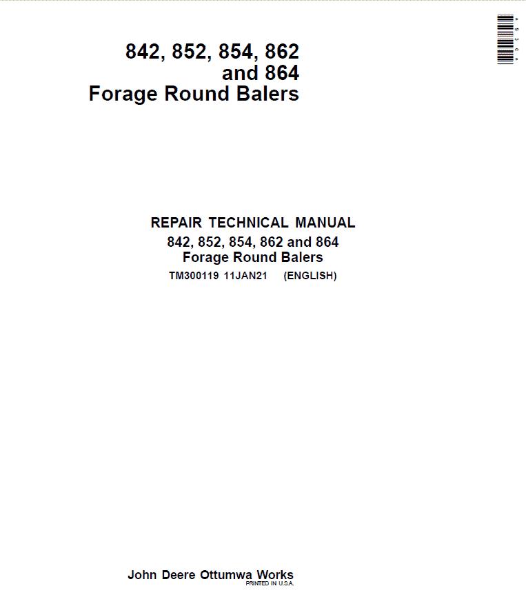 John Deere 842, 852, 854, 862, 864 Forage Round Baler Service Repair Manual (TM300119)