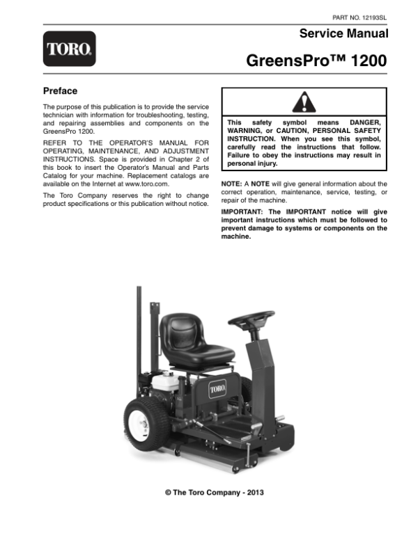 Toro Greens Pro 1200 Service Repair Manual