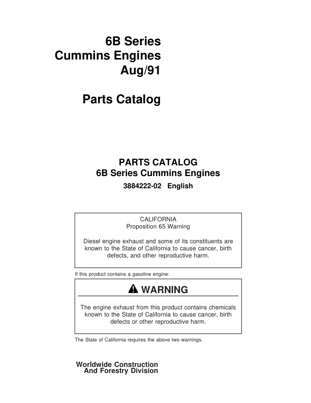 John Deere 6B, 6BT, 6BTA5.9 Series Cummins Engines Parts Catalog Manual